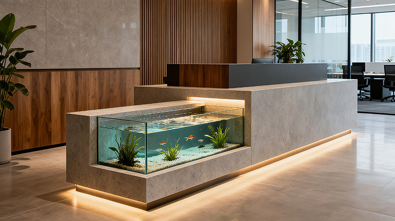 高顏值公司辦公室前臺魚池裝修方案圖一